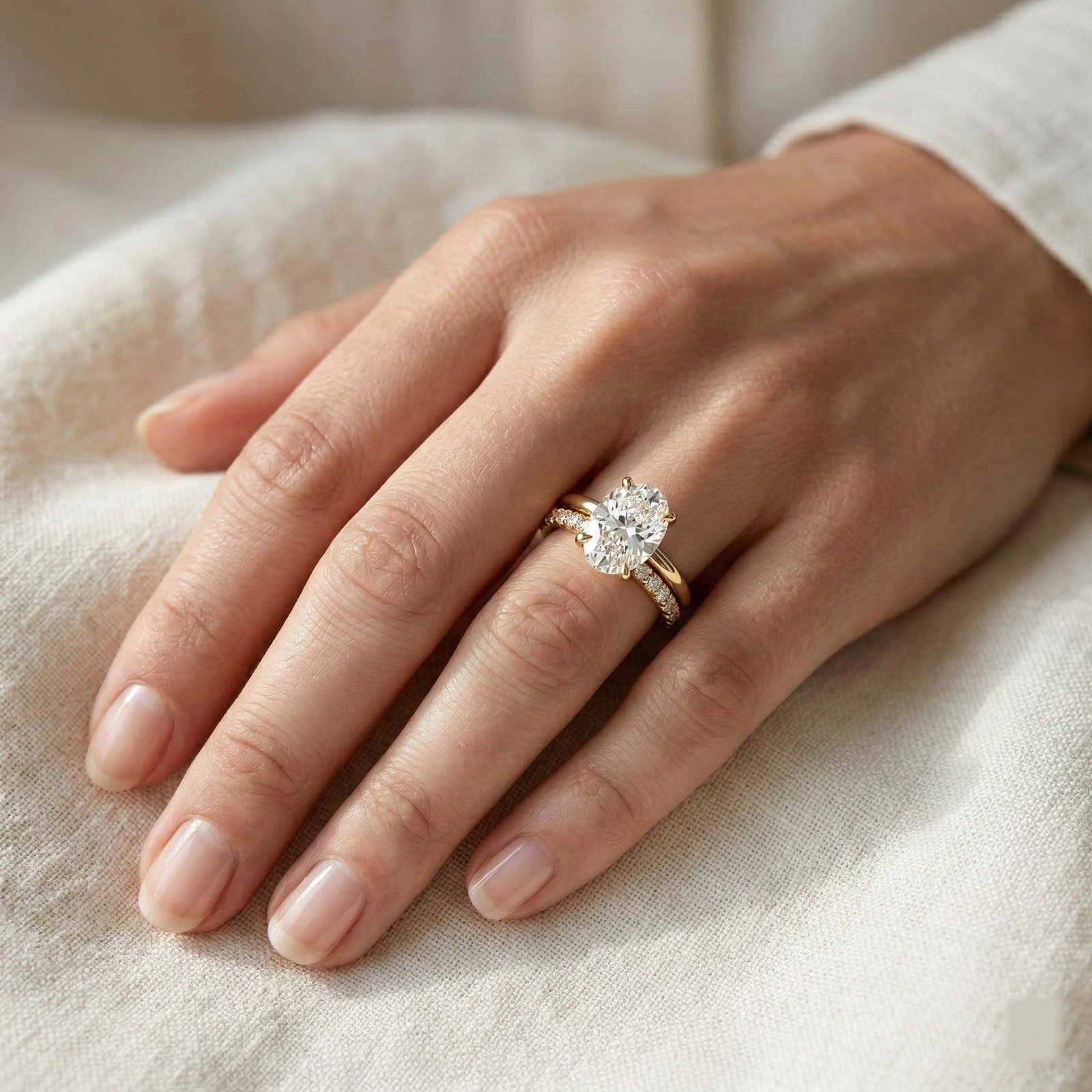 Anillo Nhia con diamante ovalado sobre la mano