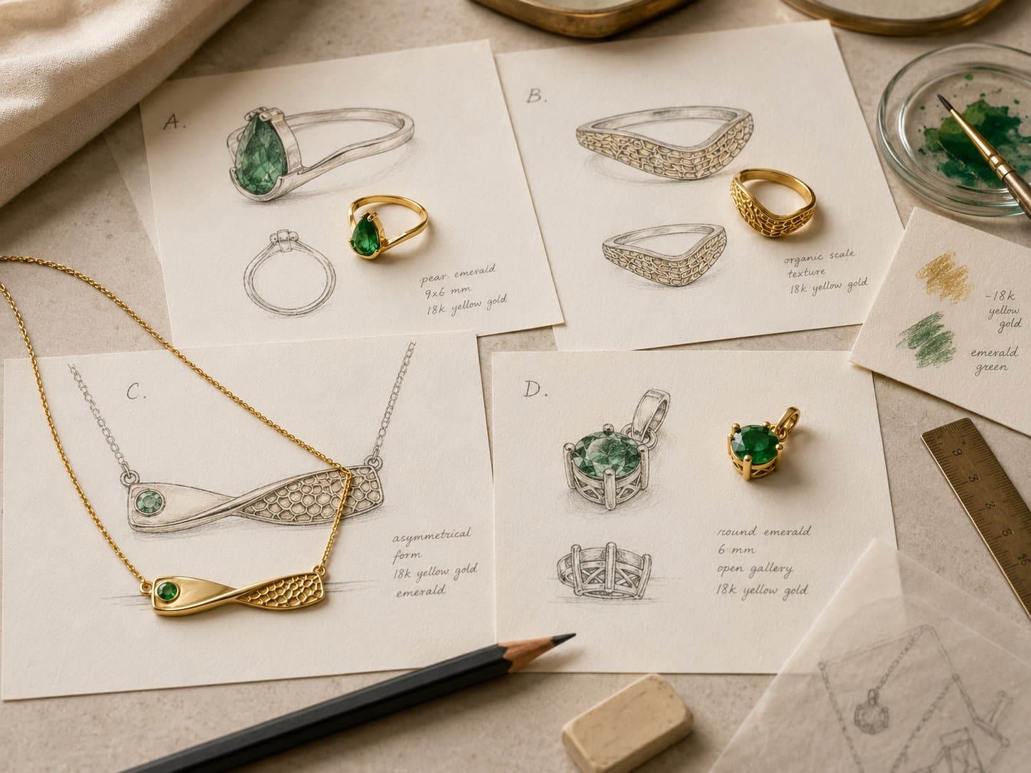 Bocetos originales de Nhia, con piedras y bocetos técnicos de anillos y un dije